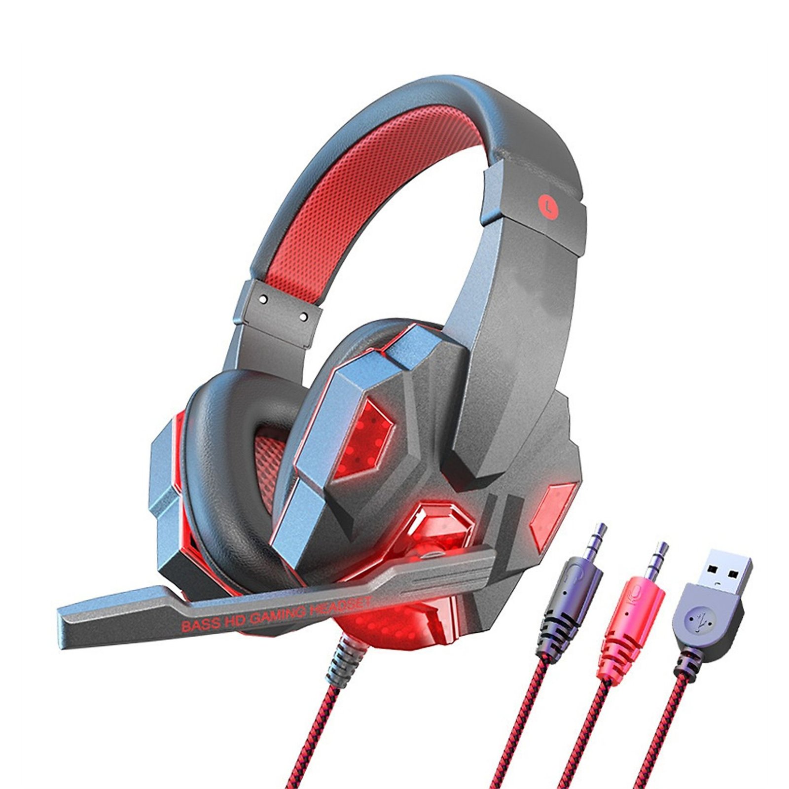 gaming-headset-led-rot Gaming Headset mit LED-Lichtern, Komfortpolstern, Geräuschunterdrückendem Mikrofon, On-ear Kopfhörer – Bild 1