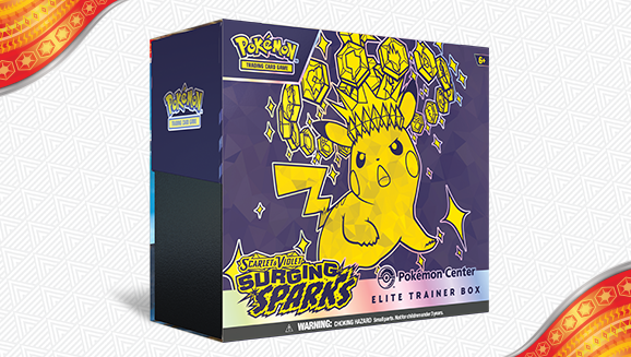Pokemon Surging Sparks Elite Trainer Box mit Boosterpacks und Zubehör aus der Pokémon TCG Serie